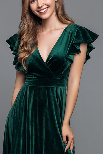 Robe formelle en velours à col en V vert foncé à manches à volants